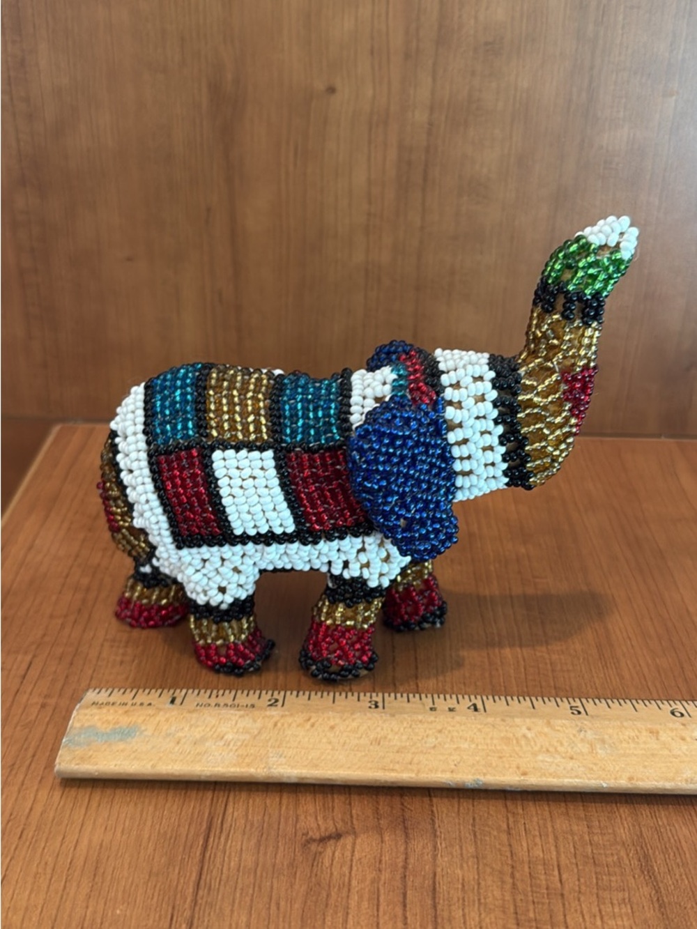 Beaded Elephant Figurine in White, Blue, Red & Gold